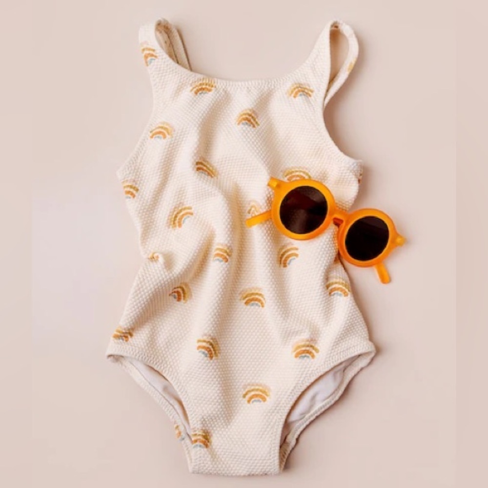 New With Tags One Piece H&M Kid’s Beige Rainbow SwimSuit Size 12-18M Preppy